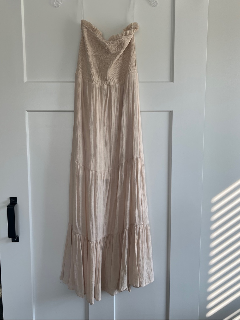 Strapless Cream Crepe Maxi Dress - Elegant Tiered Design
